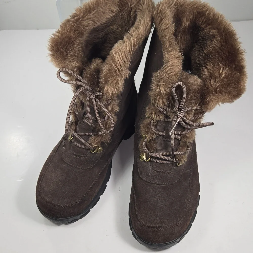 Natural Reflections Women Brown leather Faux Fur Winter Boots Size 6.5 M Lace Up